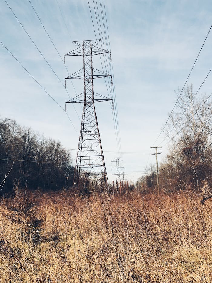 Tall electrical towers and lines spanning a winter landscape beneath a clear sky.
